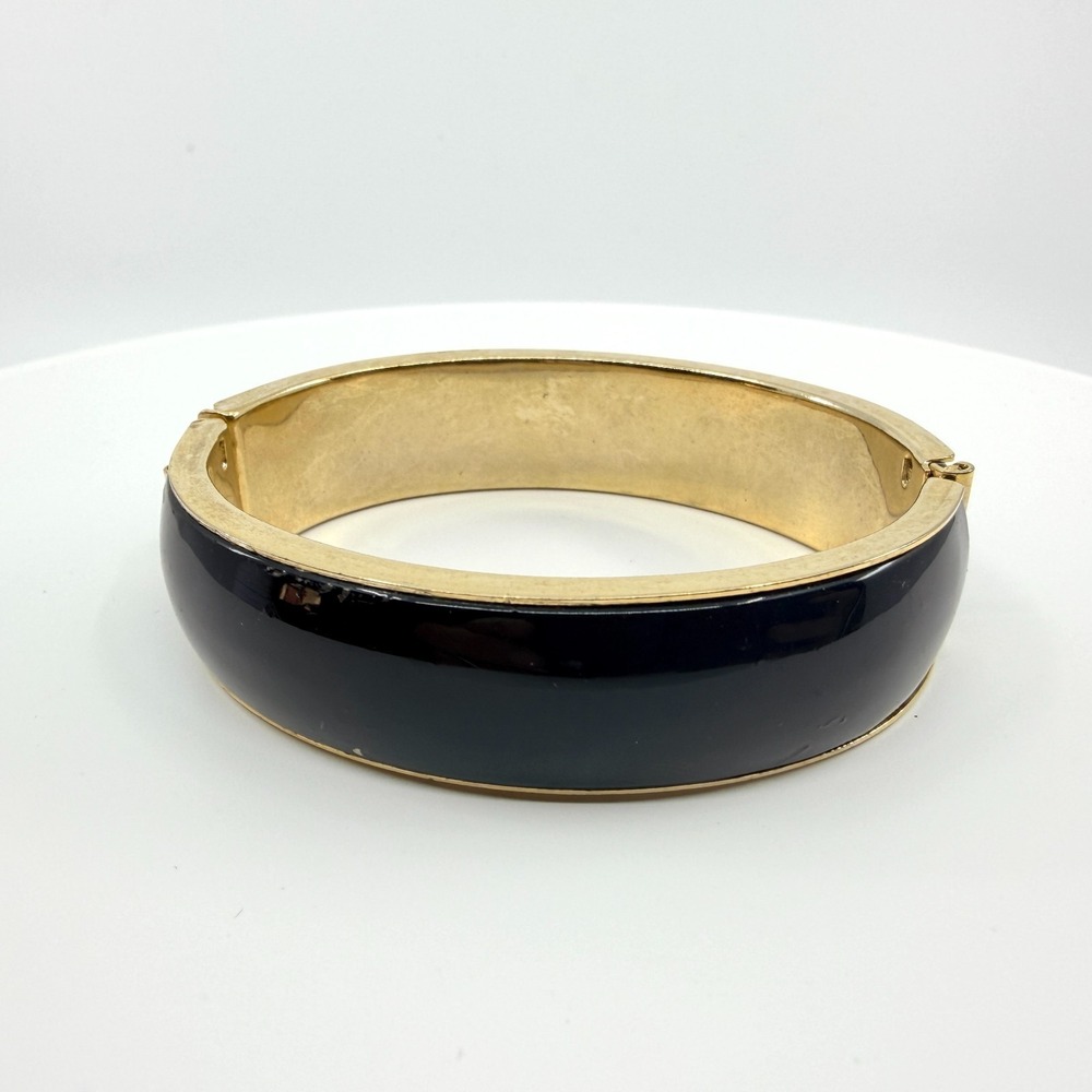 Vintage Gold Tone Black Enamel Hinged Bangle Bracelet Chunky Statement Retro 90s